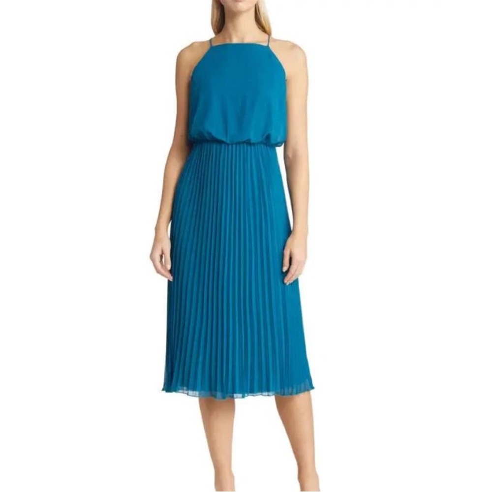 SAM EDELMAN TURQUOISE LINED BLOUSON SPAGHETTI STRAP PLEATED COCKTAIL DRESS SZ 8 - Picture 4 of 12